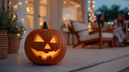 Family Pumpkin Carving on a Cozy Holiday Porch with Soft Light