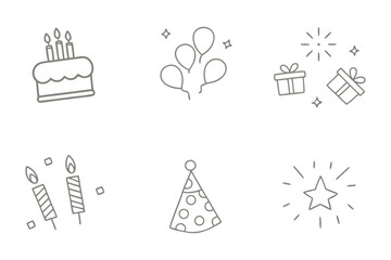 Celebrate! Happy Birthday Icons: A collection of playful vector line art illustrations, perfect for adding a touch of joy to birthday celebrations, evoking feelings of festive fun and joyful memories.