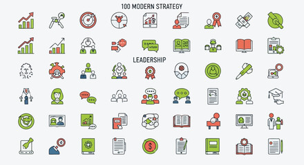 Fototapeta premium Vector illustration of collection of modern flat icons representing business strategy and leadership isolated on white background