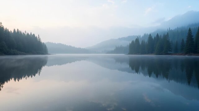 Tranquil Drone Flight Over a Misty Alpine Lake with Perfect Symmetrical Forest Reflections
