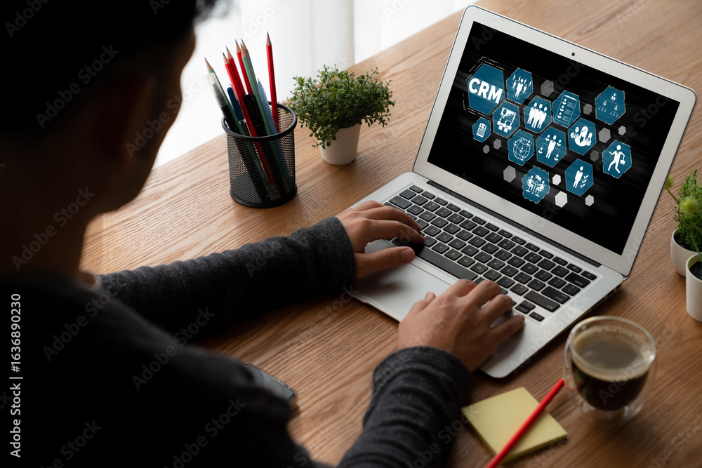 Poster customer relationship management system on modish computer for crm business and enterprise