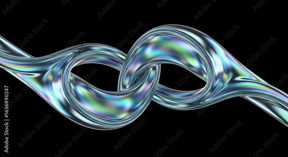 Poster abstract iridescent curves on black background, creating a dynamic and flowing design, ideal for mod