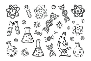 Science Sketch: A collection of hand-drawn scientific elements, encompassing a microscope, beakers, atomic structures, DNA helixes, test tubes, and other chemical instruments.