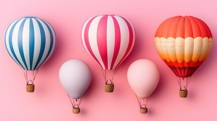 Cute Striped Hot Air Balloons Pink Background Illustration