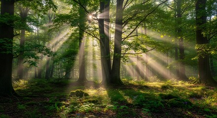 Obraz premium Sunbeams filter through the trees in a lush, green forest, creating a serene and magical atmosphere.