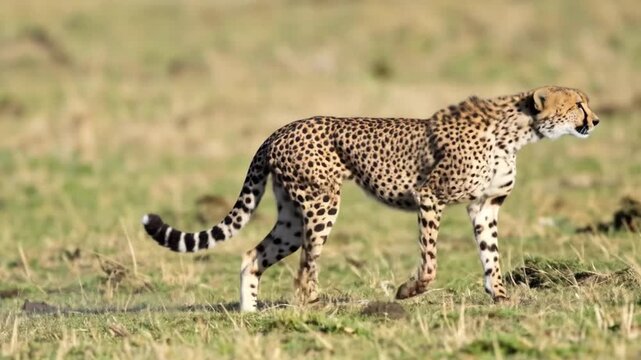 A cheetah strides across a grassy field. Its spotted coat contrasts against the blurred backdrop. The big cat's head is turned slightly