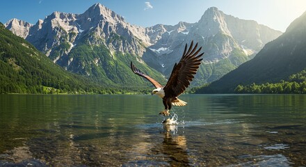 A fisher eagle is hunting fish from a lake, realistic, sunny day, mountains at the background, Generative AI