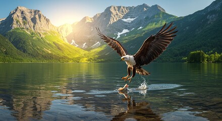 Fisher eagle is hunting fish from a lake, ultra realistic, sunny day, mountains at the background, Generative AI