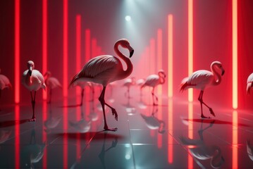 A group of flamingos is elegantly posed under vibrant neon lights, creating a striking scene.