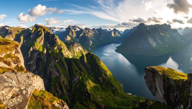 Norwegian fjord panorama, sunlit mountains