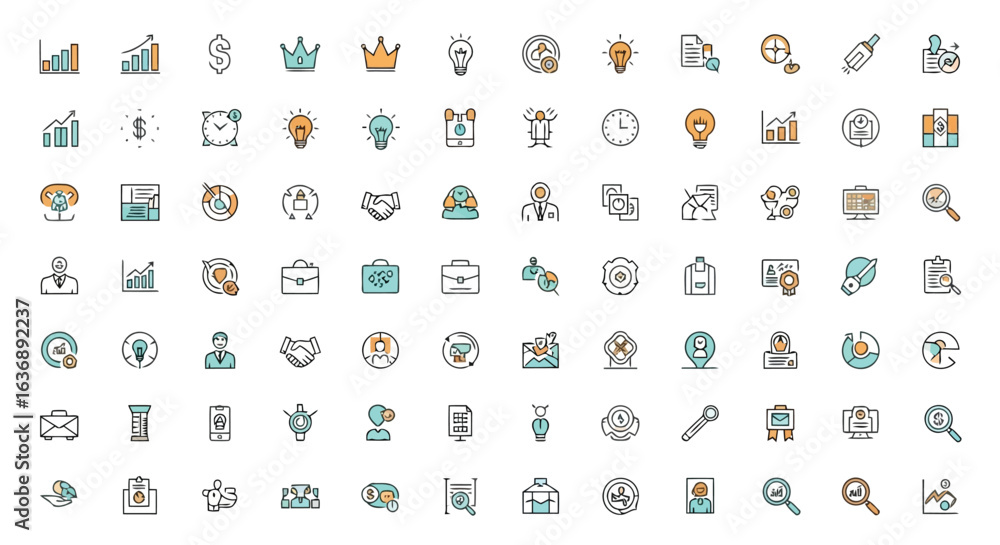 Poster vector illustration of set of business and finance icons for web and app design, isolated on white b