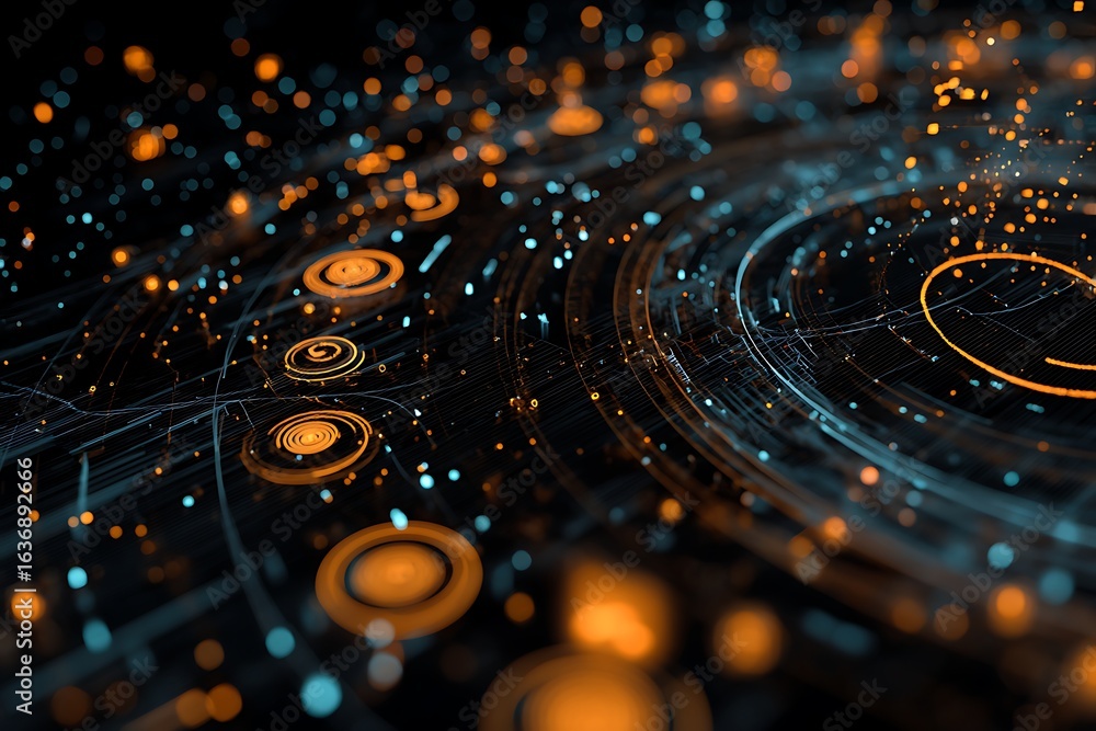 Poster abstract digital art featuring glowing circles and lines creates a futuristic and dynamic background