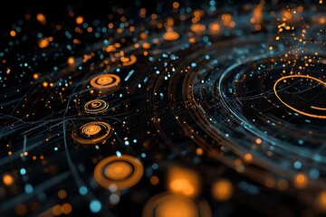 Abstract digital art featuring glowing circles and lines creates a futuristic and dynamic background with a sense of motion and connection