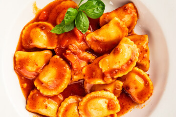 Ravioli beef tomato sauce second course fresh delicious gourmet food background on the table rustic food top view copy space