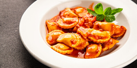 Ravioli beef tomato sauce second course fresh delicious gourmet food background on the table rustic food top view copy space