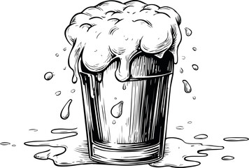 Overflowing beer mug with foam and droplets in detailed black ink drawing. Vector illustration