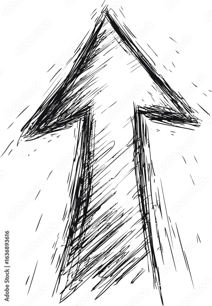 Poster scribbled arrow pointing upwards with dynamic strokes, ink sketch style. vector illustration