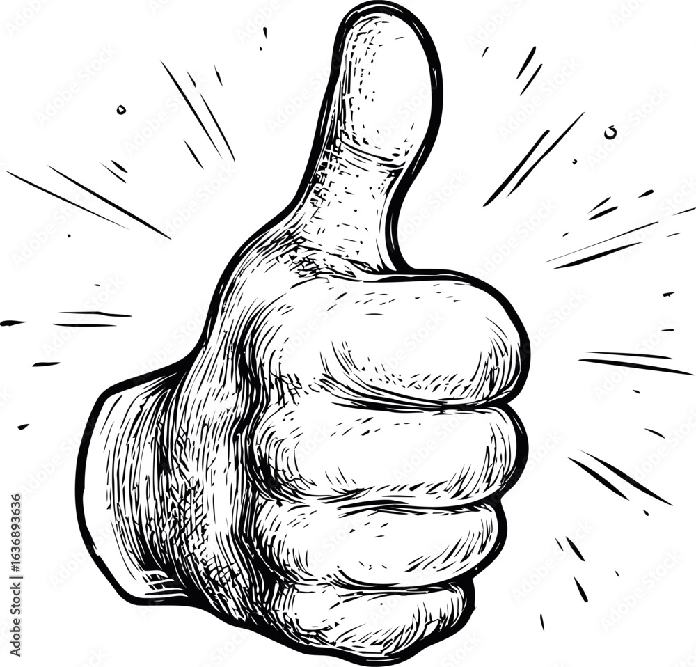 Poster detailed sketch of a thumbs up gesture with expressive lines and motion lines. vector illustration