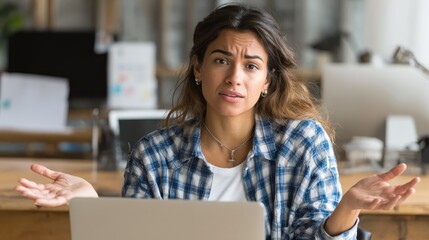 female young hispanic school math teacher college tutor coach looking at webcam and talking in classroom giving virtual teaching remote class online lesson by zoom conference call on laptop computer
