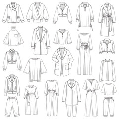 Fashionable clothing collection with various garments and outfits isolated on transparent background