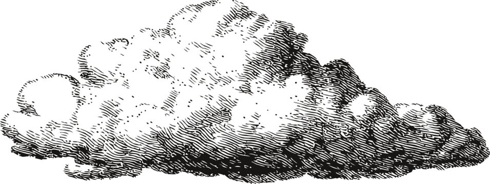 Vintage black and white engraving of a fluffy cloud. Vector illustration