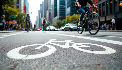 Close-up of a worn bicycle lane symbol on pavement, with blurred cyclists and city life in background.
