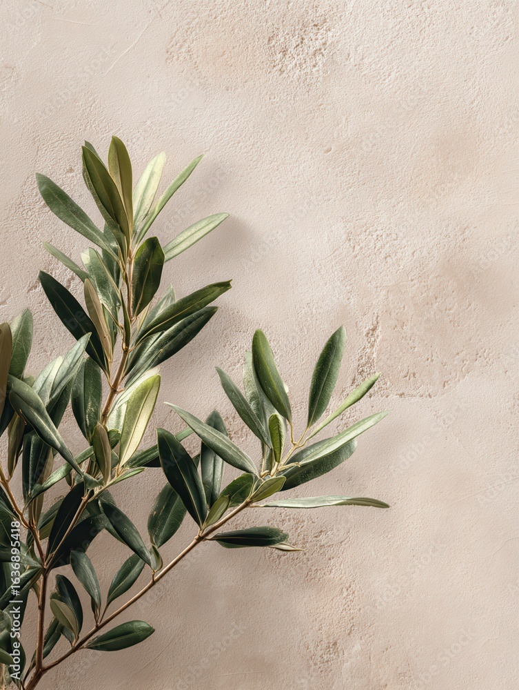 Aufkleber minimalistic nature concept with copy space elegant olive tree leaves on neutral soft pastel beige w