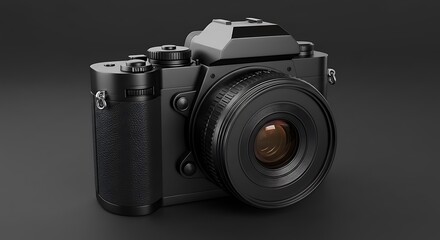 A close up shot of a black camera on a dark grey gradient background