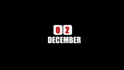 December 2nd date displayed with bold white text and red bordered numbers on black background calendar . 4k video