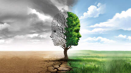 Transforming from bleak despair to vibrant hope, a symbolic tree with human profile illustrates resilience and renewal under a changing sky