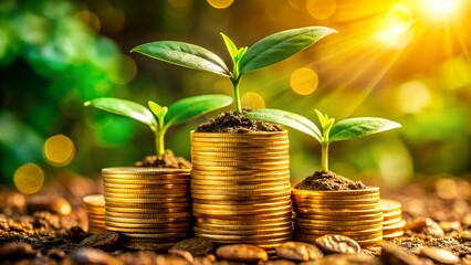 Financial growth concept with plants sprouting from stacks of gold coins under sunlight, symbolizing investment and prosperity