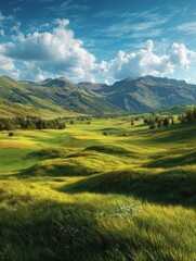 Fototapeta premium serene nature landscape with green meadows and rolling mountains perfect background scene capturing tranquil beauty of rural environments ideal for travel agriculture and tourism featuring sunny