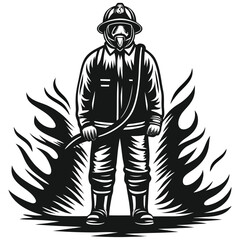 Brave Firefighter Surrounded by Flames Silhouette Illustration Bold and Heroic Depiction