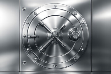Minimal safe vault door with chrome finish, clean bright reflections, futuristic luxury advertising look