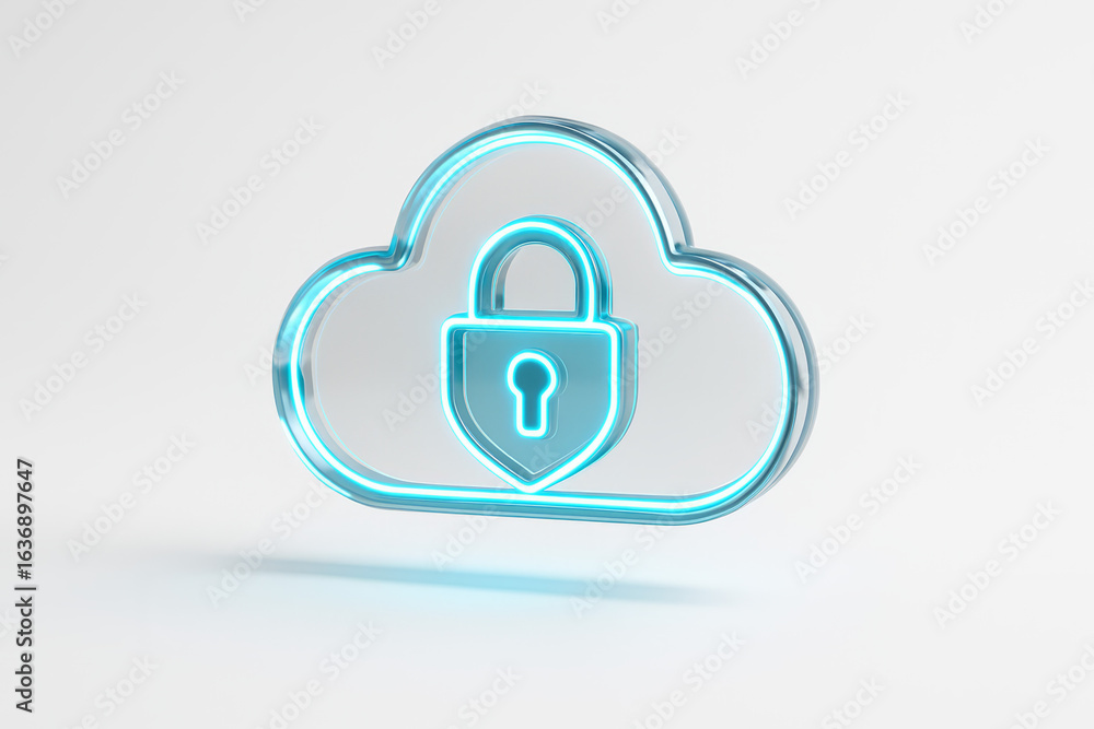 Poster glass and neon secure network cloud hovering in white minimal space, fashionable tech branding
