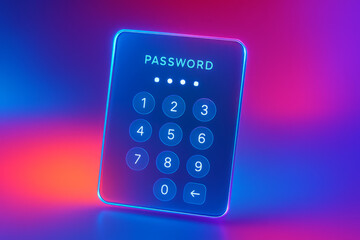 Holographic firewall barrier glowing in white studio space, stylish futuristic advertising scene