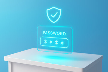 Minimal password panel on floating glass display, vivid bright tones, futuristic premium design