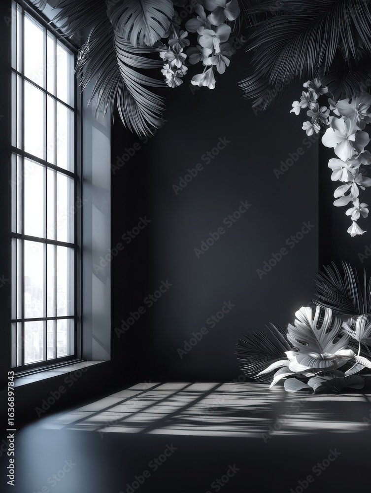 Poster abstract studio black background for product presentation empty room with shadows of window and flow
