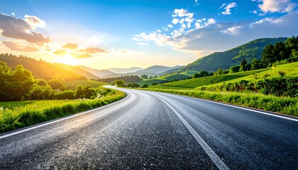 Naklejka premium Scenic winding road through green hills at sunset