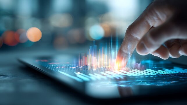 Finger touching digital tablet with glowing data visualization and blurred background