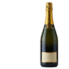 Elegantly shaped dark green champagne bottle with gold foil and wire cage, covered in abundant condensation, standing on a white surface with subtle reflection against a transparent background,