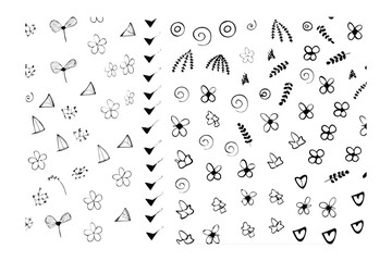 Obraz premium Delicate Floral and Foliage Elements: A collection of handcrafted botanical drawings, presenting an array of charming flowers, leaves, and decorative swirls.