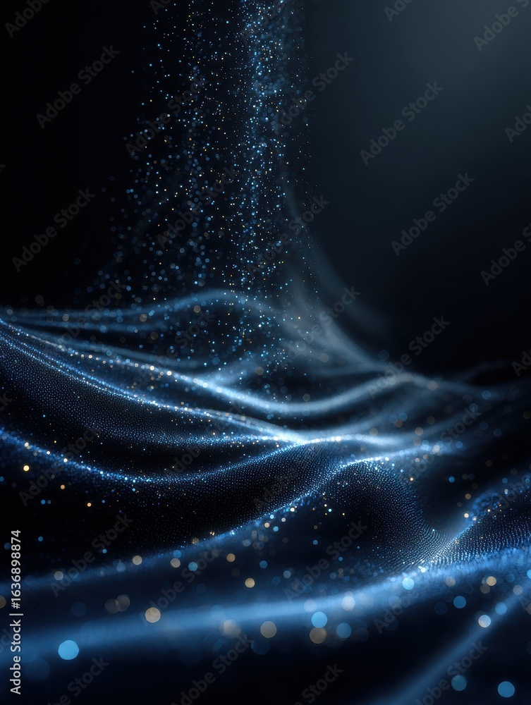 Poster dark backdrop abstract scene with blue waves and shimmering particles create mesmerizing visual expe