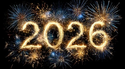Golden sparkler year of twenty twenty six with fireworks on a black background celebration image
