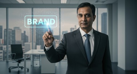 Professional Businessman Interacting with a Futuristic Virtual Interface in a Modern Office