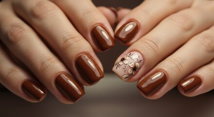 Elegant Brown Manicure with Hand-Painted Floral Accent Nail
