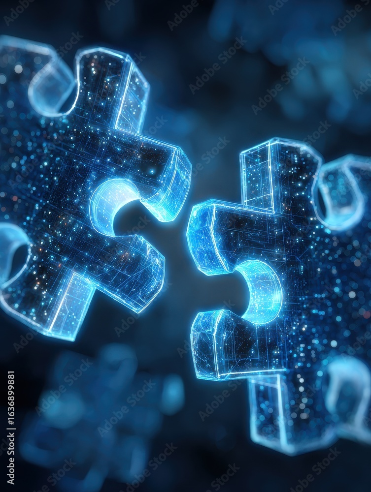 Poster digital puzzle pieces interlocking seamlessly glowing against a futuristic blue abstract background 