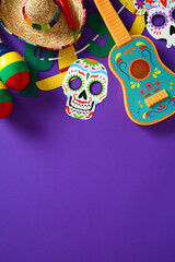 Cinco de Mayo and Dia de los Muertos concept. Flat lay with sombrero, chili pepper, maracas,...