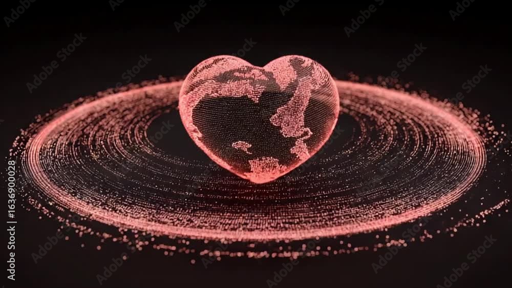 Aufkleber a heart-shaped globe, rendered in glowing red particles, floats within a swirling ring of similar pa
