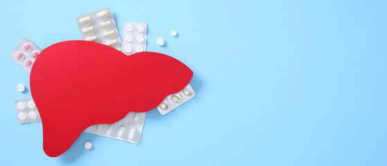Red liver paper cutout placed over blister packs and scattered pills on light blue background.